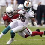Miami Dolphins wide receiver Davone Bess (15) is tackled by Arizona Cardinals cornerback William Gay (22) during the first half of an NFL football game, Sunday, Sept. 30, 2012, in Glendale, Ariz. (AP Photo/Paul Connors)