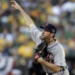  Detroit Tigers pitcher Justin Verlander delivers a pitch in the first inning of Game 5 of an American League baseball Division Series in Oakland, Calif., Thursday, Oct. 10, 2013. (AP Photo/Ben Margot)