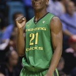 Oregon's Damyean Dotson reacts after an offensive foul was called on UCLA in the first half of the NCAA college basketball game in the Pac-12 Conference tournament , Saturday, March 16, 2013, in Las Vegas. (AP Photo/Julie Jacobson)
