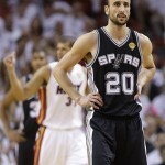 The San Antonio Spurs' Manu Ginobili (20) reacts to play against the Miami Heat during the second half in Game 7 of the NBA basketball championship, Thursday, June 20, 2013, in Miami. (AP Photo/Lynne Sladky)