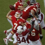 Kansas City Chiefs quarterback Matt Cassel (7) passes from the pocket during the first half of an NFL preseason football game against the Arizona Cardinals in Kansas City, Mo., Friday, Aug. 10, 2012. (AP Photo/Orlin Wagner)