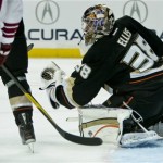 Anaheim Ducks goalie Dan Ellis makes a glove save during the third period of their NHL hockey game against the Phoenix Coyotes, Sunday, Oct. 23, 2011, in Anaheim, Calif. The Coyotes won 5-4.(AP Photo/Bret Hartman)