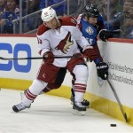 Phoenix Coyotes defenseman Derek Morris (53) and Colorado Avalanche left wing Cody McLeod (55) go after the puck during the first period of an NHL hockey game on Friday, Feb. 28, 2014, in Denver. (AP Photo/Jack Dempsey)