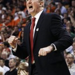Ohio State head coach Thad Matta reacts as his team plays against Cincinnati in the first half of an East Regional semifinal game in the NCAA men's college basketball tournament, Thursday, March 22, 2012, in Boston. (AP Photo/Elise Amendola)