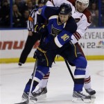 St. Louis Blues' Brenden Morrow, front, passes as Phoenix Coyotes' Martin Hanzal, of the Czech Republic, defends during the second period of an NHL hockey game Tuesday, Jan. 14, 2014, in St. Louis. (AP Photo/Jeff Roberson)