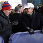 New York Giants owner John Tisch, left, and New York Jets owner Woody Johnson share a laugh during an event unveiling the Roman numerals for Super Bowl XLVIII on Super Bowl Boulevard Wednesday, Jan. 29, 2014, in New York. The Seattle Seahawks are scheduled to play the Denver Broncos in the NFL Super Bowl XLVIII football game on Sunday, Feb. 2, in East Rutherford, N.J. (AP Photo/Julio Cortez)