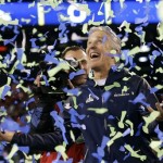 Seattle Seahawks head coach Pete Carroll celebrates after the NFL Super Bowl XLVIII football game against the Denver Broncos Sunday, Feb. 2, 2014, in East Rutherford, N.J. The Seahawks won 43-8. (AP Photo/Ted S. Warren)