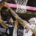 San Antonio Spurs shooting guard Danny Green (4) shoots as Miami Heat power forward Chris Andersen (11) defends during the first half of Game 6 of the NBA Finals basketball game, Tuesday, June 18, 2013 in Miami. (AP Photo/Lynne Sladky)