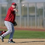 Los Angeles Angels manager Mike Scioscia makes a play during a spring training baseball workout Tuesday, Feb. 12, 2013, in Tempe, Ariz. (AP Photo/Morry Gash)