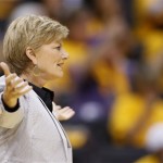 Los Angeles Sparks head coach Carol Ross looks for a call against the Phoenix Mercury during the first half in Game 1 of their WNBA basketball Western Conference semifinal series on Thursday, Sept. 19, 2013, in Los Angeles. (AP Photo/Danny Moloshok)