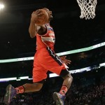  John Wall of the Washington Capitals participates in the slam dunk contest during the skills competition at the NBA All Star basketball game, Saturday, Feb. 15, 2014, in New Orleans. (AP Photo/Gerald Herbert)