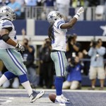  Dallas Cowboys' Mackenzy Bernadeau (73) celebrates with Dwayne Harris, right, after Harris scored on a pass play in the second half of an NFL football game against the Minnesota Vikings, Sunday, Nov. 3, 2013, in Arlington, Texas. (AP Photo/Nam Y. Huh)