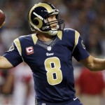 St. Louis Rams quarterback Sam Bradford throws during the first quarter of an NFL football game against the Arizona Cardinals, Thursday, Oct. 4, 2012, in St. Louis. (AP Photo/Jeff Roberson)