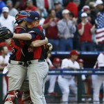 United States' Craig Kimbrel, right, and Jonathan Lucroy celebrate the final out in a win over Canada in the ninth inning during a World Baseball Classic baseball game on Sunday, March 10, 2013, in Phoenix. The United States defeated Canada 9-4. (AP Photo/Ross D. Franklin)