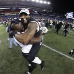 Baltimore Ravens inside linebacker Ray Lewis, right, celebrates with Vonta Leach after the NFL football AFC Championship football game against the New England Patriots in Foxborough, Mass., Sunday, Jan. 20, 2013. The Ravens defeated the Patriots 28-13 to advance to Super Bowl XLVII. (AP Photo/Matt Slocum)