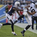 Oakland Raiders wide receiver Andre Holmes is knocked out of bounds by San Diego Chargers cornerback Shareece Wright after a first down reception during an NFL football game in San Diego, Sunday, Dec. 22, 2013. The Chargers won 26-13. (AP Photo/Lenny Ignelzi)