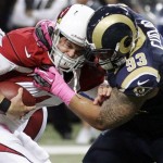 Arizona Cardinals quarterback Kevin Kolb, left, is sacked by St. Louis Rams defensive tackle Jermelle Cudjo during the third quarter of an NFL football game, Thursday, Oct. 4, 2012, in St. Louis. Cudjo was charged with an unnecessary roughness penalty on the play. (AP Photo/Seth Perlman)