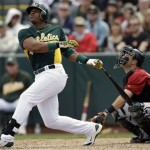Oakland Athletics' Yoenis Cespedes, left, pops out against the Arizona Diamondbacks during the third inning of a spring training baseball game, Monday, March 19, 2012, in Phoenix. (AP Photo/Marcio Jose Sanchez)