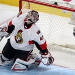 Ottawa Senators goalie Craig Anderson reacts after letting in the first goal against the Montreal Canadiens during second-period NHL hockey Game 2 first-round playoff action in Montreal, Friday, May 3, 2013. (AP Photo/The Canadian Press, Ryan Remiorz)