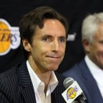 Newly-acquired Los Angeles Lakers guard Steve 
Nash, left, and general manager Mitch Kupchak 
appear at a news conference at the team's 
headquarters in El Segundo, Calif., 
Wednesday, July 11, 2012. The Lakers acquired 
the two-time MVP from the Phoenix Suns in 
exchange for first round draft picks in 2013 
and 2015 as well as second round draft picks 
in 2013 and 2014. (AP Photo/Reed Saxon)