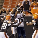 St. Louis Rams wide receiver Emory Blake (16) catches a last-second pass against the Cleveland Browns in the fourth quarter of a preseason NFL football game, Thursday, Aug. 8, 2013, in Cleveland. Browns linebacker Justin Cole, right, ripped the ball away for an interception to seal the Browns' 27-19 win. (AP Photo/Tony Dejak)