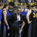 South Dakota State coach Scott Nagy talks to this team against Michigan in the second half of a second-round game of the NCAA college basketball tournament in Auburn Hills, Mich., Thursday, March 21, 2013. Michigan won 71-56. (AP Photo/Paul Sancya)