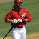Washington Nationals' Jayson Werth reacts after striking out against the Miami Marlins during the fourth inning of an exhibition spring training baseball game Wednesday, Feb. 27, 2013, in Viera, Fla. (AP Photo/David J. Phillip)