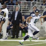 Seattle Seahawks wide receiver Golden Tate (81) runs to the end zone for a touchdown during the second half of an NFL football game against the St. Louis Rams, Monday, Oct. 28, 2013, in St. Louis. (AP Photo/Michael Conroy)