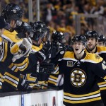  Boston Bruins defenseman Torey Krug (47) celebrates his goal against the Montreal Canadiens during the third period in Game 1 of an NHL hockey second-round playoff series in Boston, Thursday, May 1, 2014. (AP Photo/Elise Amendola)