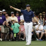 Jordan Spieth calls out his ball after teeing off the seventh hole during the fourth round of the Masters golf tournament Sunday, April 12, 2015, in Augusta, Ga. (AP Photo/Matt Slocum)