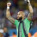United State's goalkeeper Tim Howard celebrates after his team's 2-1 victory over Ghana during the group G World Cup soccer match between Ghana and the United States at the Arena das Dunas in Natal, Brazil, Monday, June 16, 2014. (AP Photo/Julio Cortez)