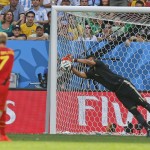 Argentina's goalkeeper Sergio Romero makes a save from Belgium's Kevin De Bruyne during the World Cup quarterfinal soccer match between Argentina and Belgium at the Estadio Nacional in Brasilia, Brazil, Saturday, July 5, 2014. (AP Photo/Frank Augstein)