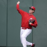 Actor Will Ferrell throws the ball as he plays center field for the Los Angeles Angels during a spring training baseball exhibition game against the Chicago Cubs in Tempe, Ariz., on Thursday, March 12, 2015. The comedian plans to play every position while making appearances at five Arizona spring training games on Thursday. (AP Photo/Chris Carlson)