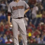 Arizona Diamondbacks starting pitcher Archie Bradley looks on from the mound as he waits to get lifted during the third inning of a baseball game against the Philadelphia Phillies, Saturday, May 16, 2015, in Philadelphia. (AP Photo/Chris Szagola)