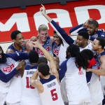 United States players celebrate after winning the final World Basketball match between the United States and Serbia at the Palacio de los Deportes stadium in Madrid, Spain, Sunday, Sept. 14, 2014. (AP Photo/Manu Fernandez)