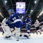 Tampa Bay Lightning goalie Ben Bishop looks away after Chicago Blackhawks left wing Teuvo Teravainen's goal during the second period in Game 2 of the NHL hockey Stanley Cup Final on Saturday, June 6, 2015, in Tampa Fla. (Bruce Bennett/Pool Photo via AP)