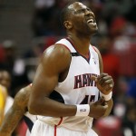  Atlanta Hawks forward Elton Brand (42) reacts after a Hawks foul in the first half of Game 6 of a first-round NBA basketball playoff series in Atlanta, Thursday, May 1, 2014. Indiana won 95-88. (AP Photo/John Bazemore)
