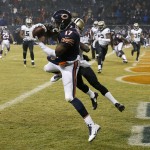 Chicago Bears wide receiver Alshon Jeffery (17) makes a touchdown catch against New Orleans Saints defensive back A.J. Davis (20) during the second half of an NFL football game Monday, Dec. 15, 2014, in Chicago. (AP Photo/Charles Rex Arbogast)