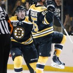  Boston Bruins Brad Marchand, left, celebrates with teammate Johnny Boychuk (55) after Boychuk's goal against the Montreal Canadiens during the third period in Game 1 of an NHL hockey second-round playoff series in Boston, Thursday, May 1, 2014. (AP Photo/Elise Amendola)