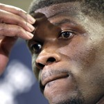 Houston Texans wide receiver Andre Johnson pauses before answering a question after reporting for NFL football training camp Friday, July 25, 2014, in Houston. The Texans begin practices Saturday. (AP Photo/David J. Phillip)