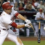Arizona Diamondbacks' A.J. Pollock breaks his bat during the ninth inning of an opening day baseball game against the San Francisco Giants on Monday, April 6, 2015, in Phoenix. The Giants defeated the Diamondbacks 5-4. (AP Photo/Ross D. Franklin)
