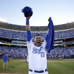 Kansas City Royals' Salvador Perez celebrates after the Royals defeated the Baltimore Orioles 2-1 in Game 4 of the American League baseball championship series Wednesday, Oct. 15, 2014, in Kansas City, Mo. The Royals advance to the World Series. (AP Photo/Charlie Riedel)