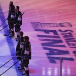  Members of the Los Angeles Kings line up before Game 1 of the NHL hockey Stanley Cup Finals against the New York Rangers, Wednesday, June 4, 2014, in Los Angeles. (AP Photo/Mark J. Terrill)