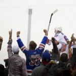  New York Rangers left wing Carl Hagelin, of Sweden, celebrates his goal against the Los Angeles Kings during the first period in Game 1 of the NHL hockey Stanley Cup Finals, Wednesday, June 4, 2014, in Los Angeles. (AP Photo/Mark J. Terrill)
