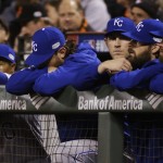 Kansas City Royals watch from their dugout during the eighth inning of Game 4 of baseball's World Series against the San Francisco Giants Saturday, Oct. 25, 2014, in San Francisco. (AP Photo/Matt Slocum)
