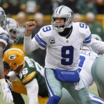 Dallas Cowboys quarterback Tony Romo (9) calls a play during the first half of an NFL divisional playoff football game against the Green Bay Packers Sunday, Jan. 11, 2015, in Green Bay, Wis. (AP Photo/Matt Ludtke)