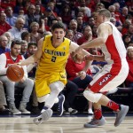 California guard Sam Singer (2) drives on Arizona guard T.J. McConnell during the first half of an NCAA college basketball game, Thursday, March 5, 2015, in Tucson, Ariz. (AP Photo/Rick Scuteri)