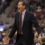 Phoenix Suns head coach Jeff Hornacek, yells at an official against the Utah Jazz' during the second half of an NBA basketball game in Salt Lake City, Saturday, Nov. 1, 2014. The Jazz defeated the Suns 118-91. (AP Photo/George Frey)