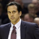 Miami Heat head coach Erik Spoelstra watches action against the San Antonio Spurs during the first half in Game 1 of the NBA basketball finals on Thursday, June 5, 2014, in San Antonio. (AP Photo/Eric Gay)
