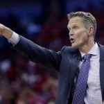 Golden State Warriors coach Steve Kerr calls out form the bench during the first half of Game 3 of a first-round NBA basketball playoff series against the New Orleans Pelicans in New Orleans, Thursday, April 23, 2015. (AP Photo/Gerald Herbert)